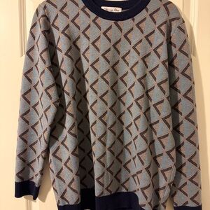 Dior Men's Blue and Gray Patterned Crewneck Sweater